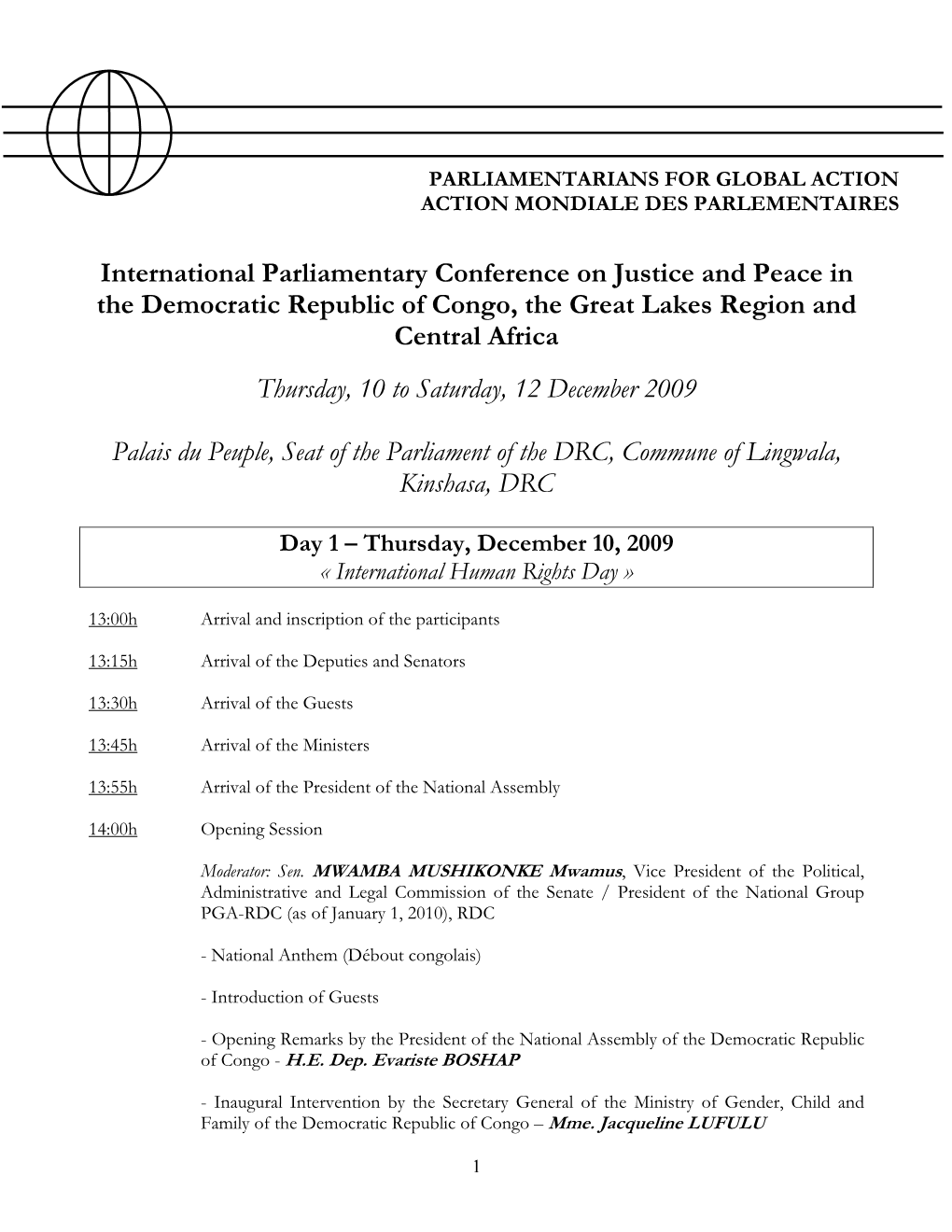 International Parliamentary Conference on Justice and Peace in the Democratic Republic of Congo, the Great Lakes Region and Central Africa