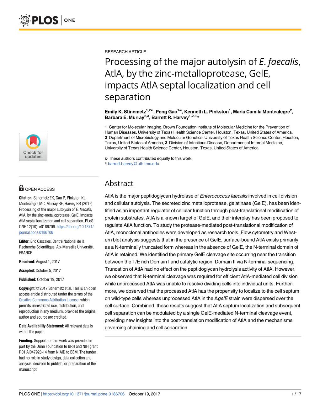 Processing of the Major Autolysin of E. Faecalis, Atla, by the Zinc-Metalloprotease, Gele, Impacts Atla Septal Localization and Cell Separation