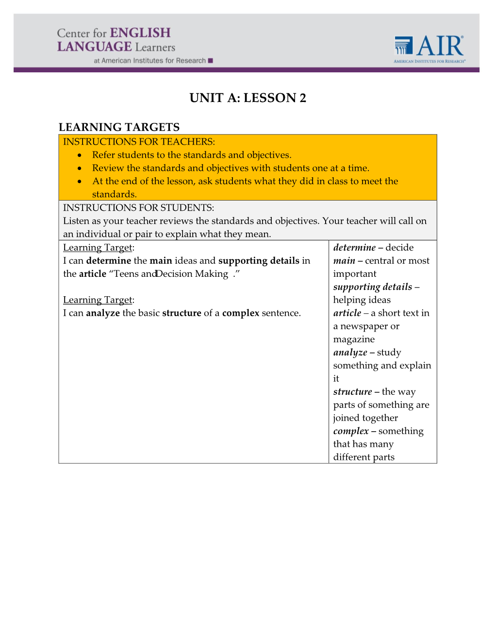 Unit A: Lesson 2