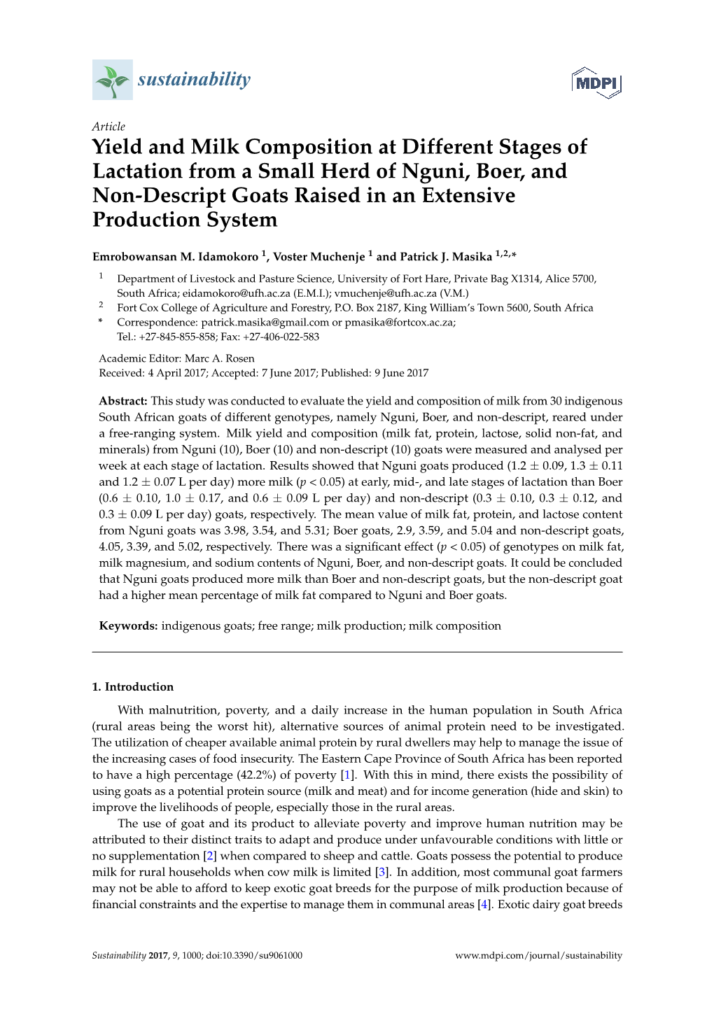 Yield and Milk Composition at Different Stages of Lactation from a Small Herd of Nguni, Boer, and Non-Descript Goats Raised in an Extensive Production System