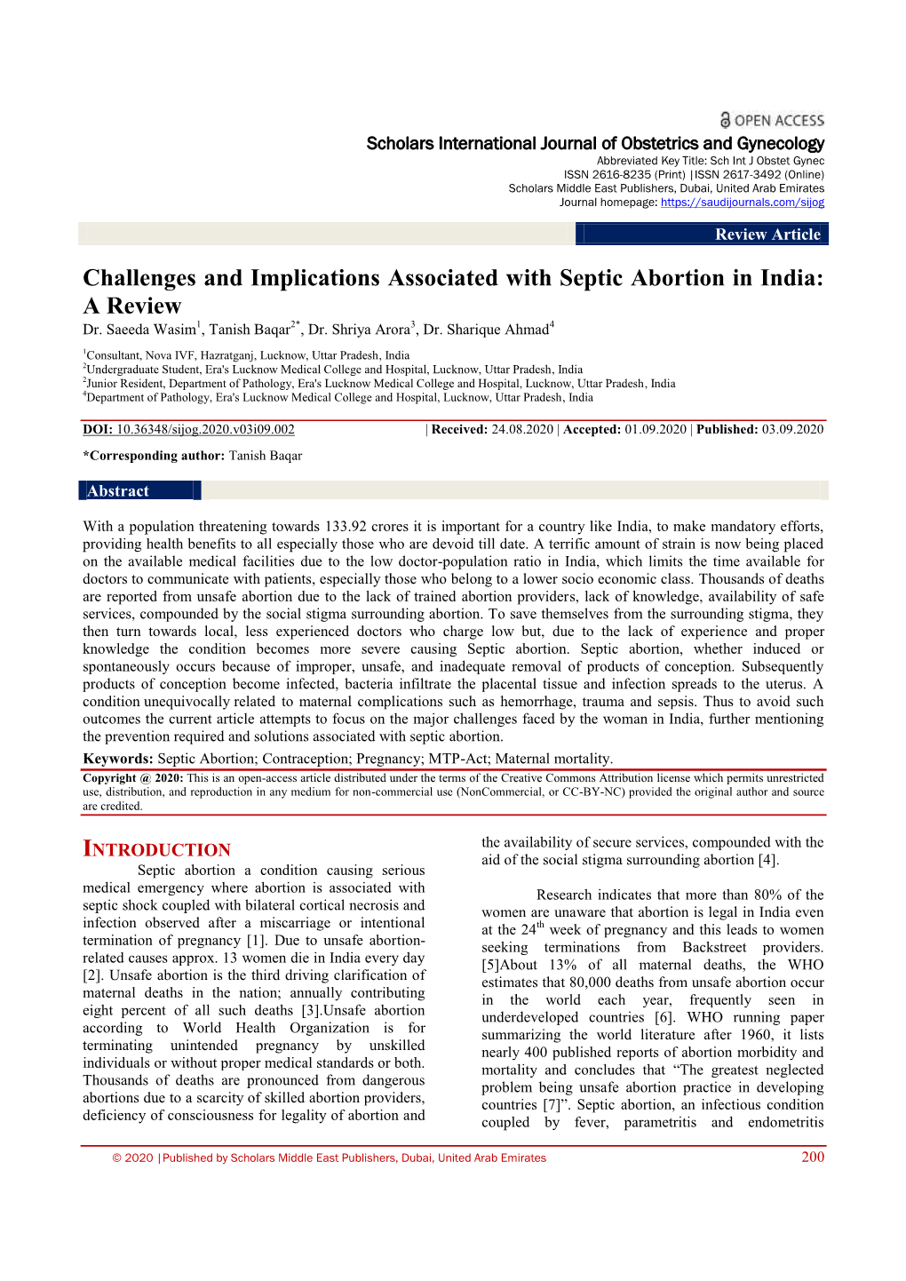 Challenges and Implications Associated with Septic Abortion in India: a Review Dr