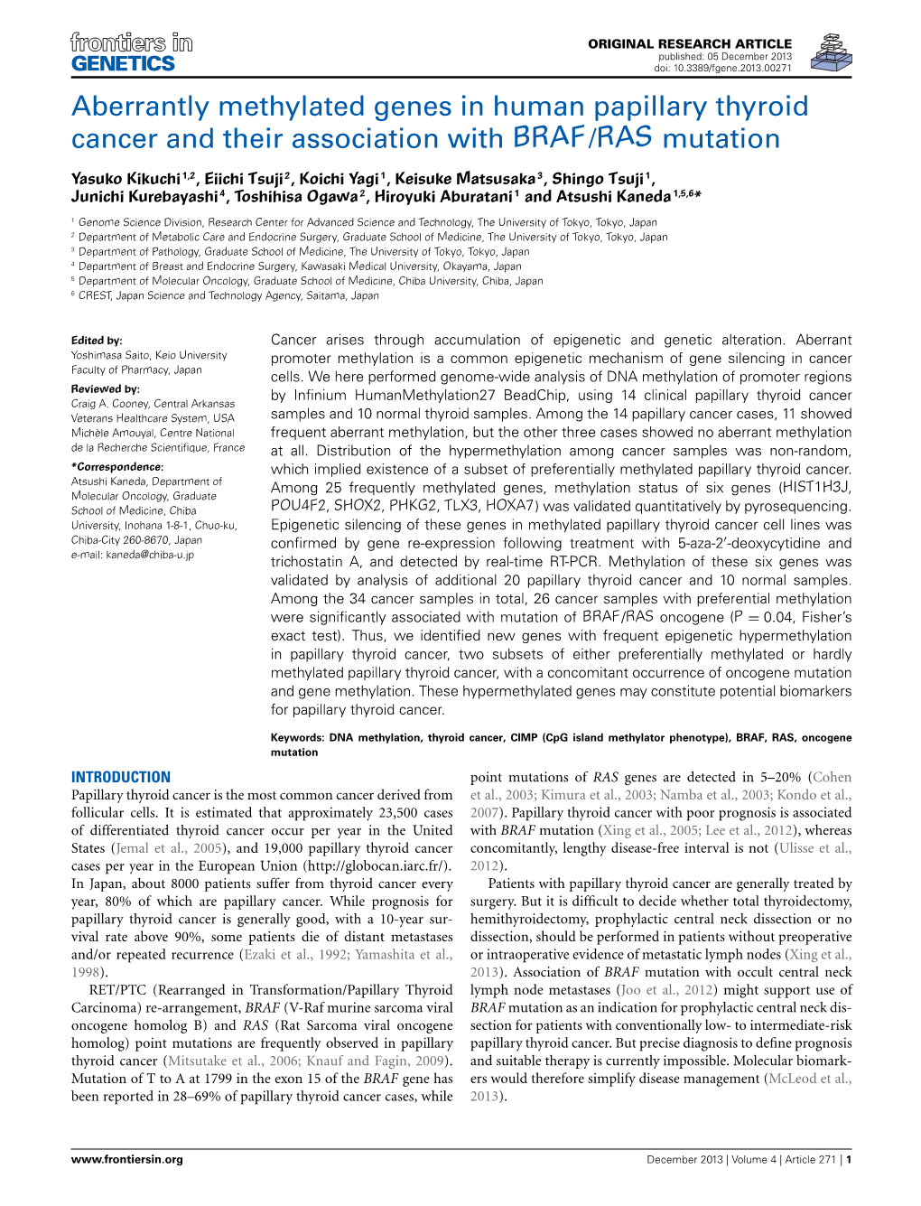 Aberrantly Methylated Genes in Human Papillary Thyroid Cancer and Their Association with BRAF/RAS Mutation