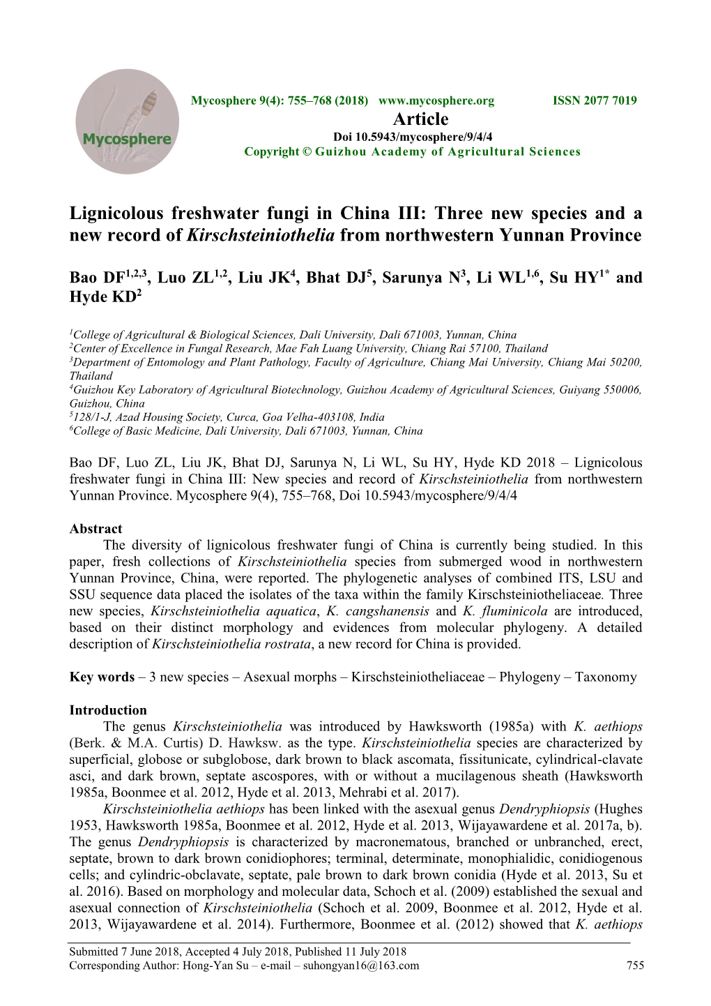 Lignicolous Freshwater Fungi in China III: Three New Species and a New Record of Kirschsteiniothelia from Northwestern Yunnan Province