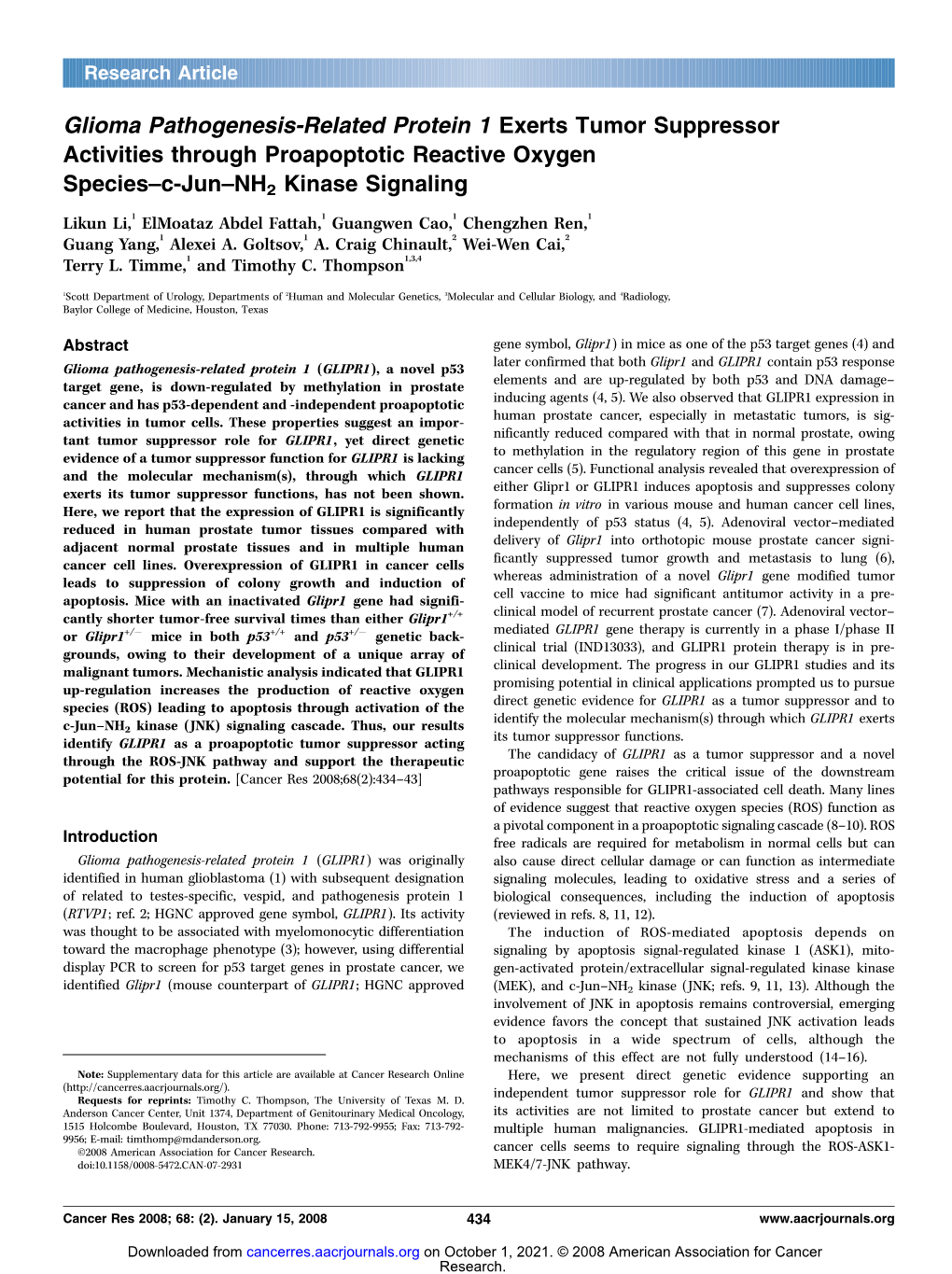 Glioma Pathogenesis-Related Protein 1 Exerts Tumor Suppressor Activities Through Proapoptotic Reactive Oxygen