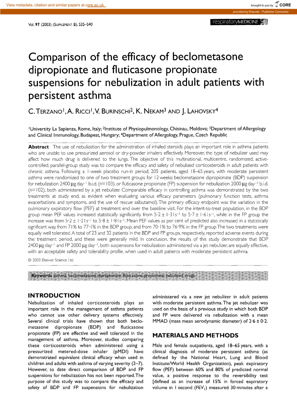 Comparison of the Efficacy of Beclometasone Dipropionate and Fluticasone Propionate Suspensions for Nebulization in Adult Patients with Persistent Asthma