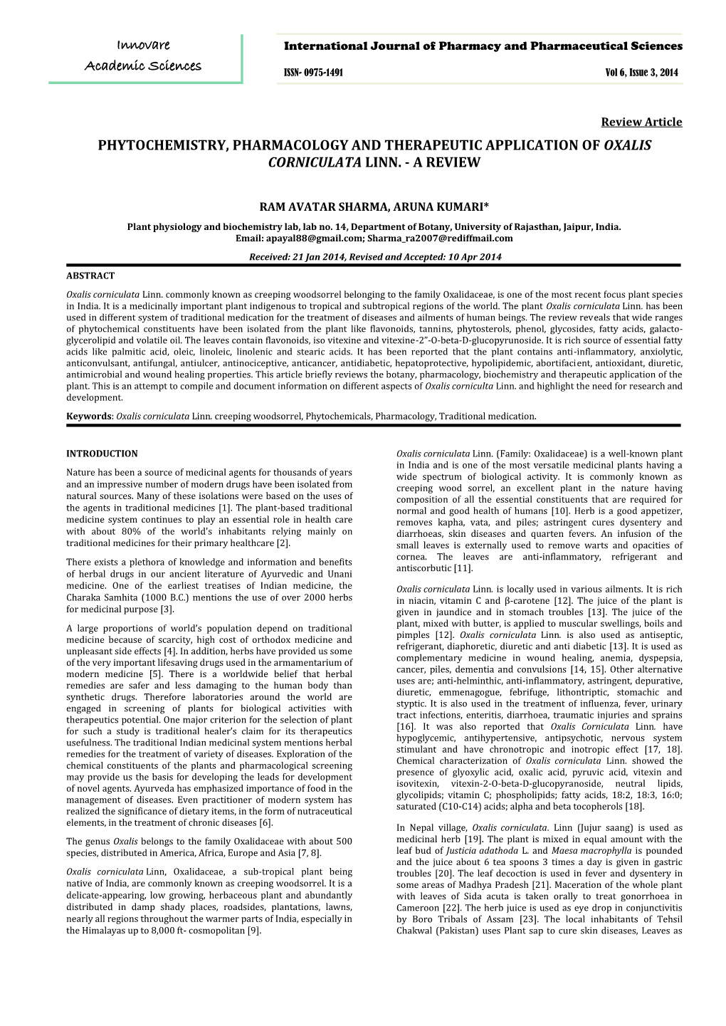 Phytochemistry, Pharmacology and Therapeutic Application of Oxalis Corniculata Linn