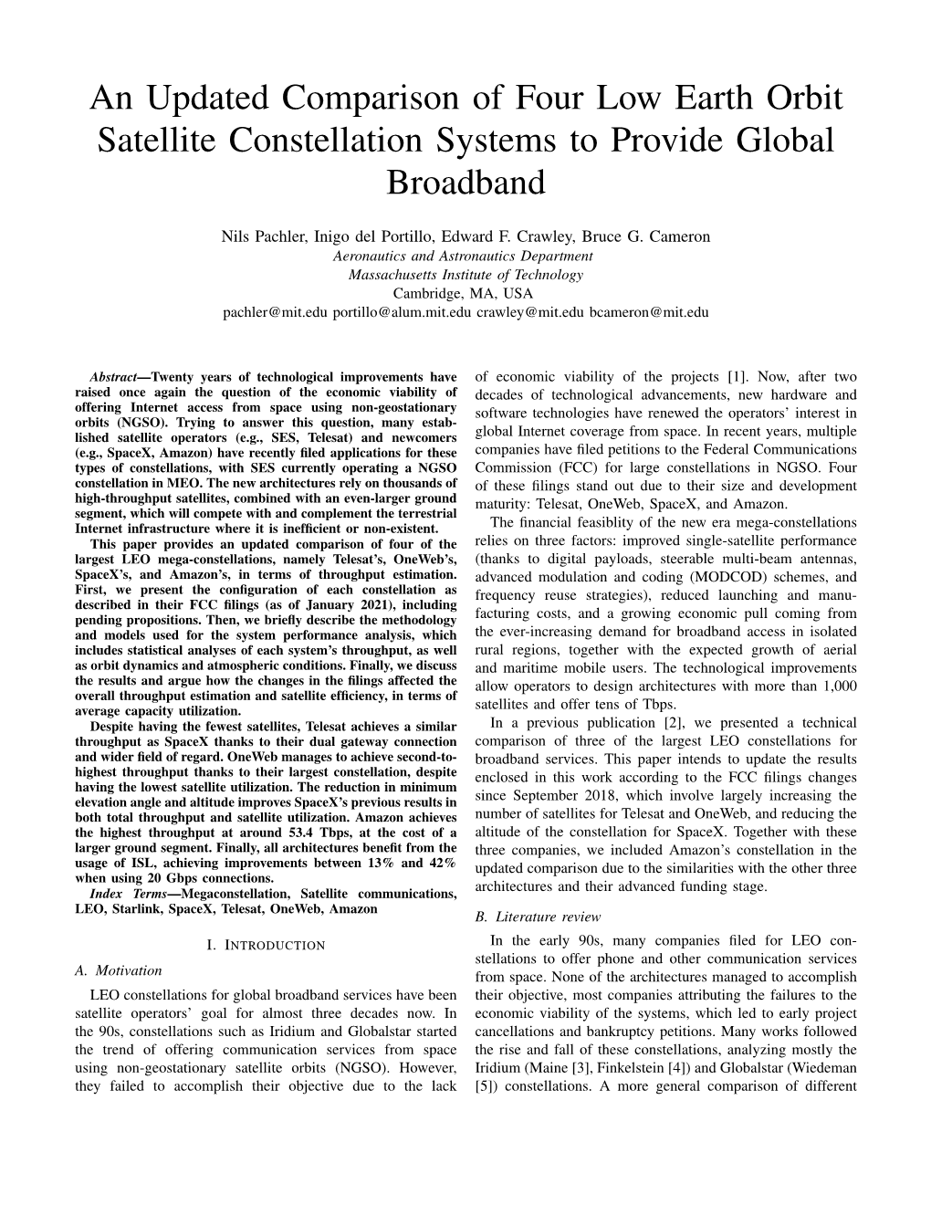 An Updated Comparison of Four Low Earth Orbit Satellite Constellation Systems to Provide Global Broadband