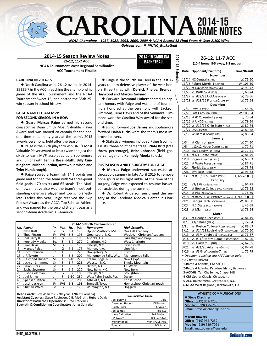 1 2014-15 Season Review Notes 26-12, 11-7