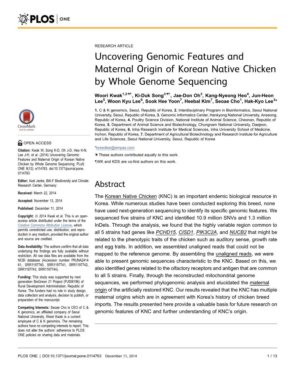 Uncovering Genomic Features and Maternal Origin of Korean Native Chicken by Whole Genome Sequencing