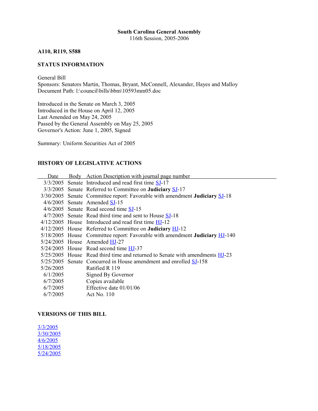 2005-2006 Bill 588: Uniform Securities Act of 2005 - South Carolina Legislature Online