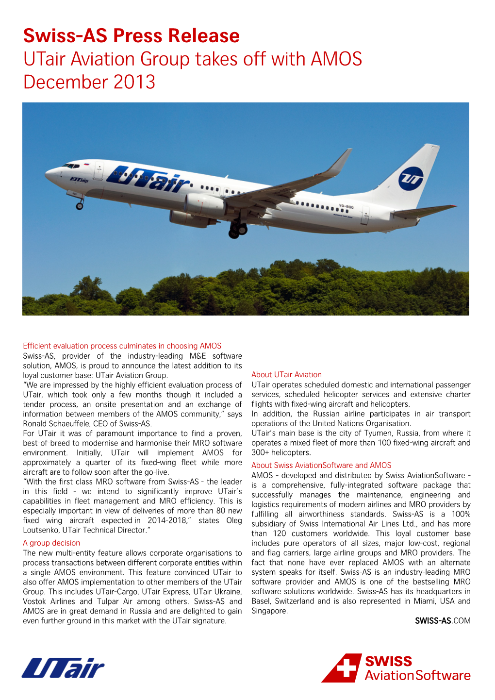 Swiss-AS Press Release Utair Aviation Group Takes Off with AMOS December 2013