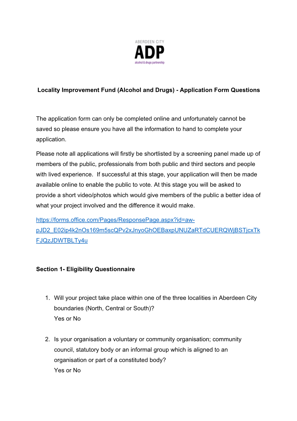 Locality Improvement Fund (Alcohol and Drugs) - Application Form Questions