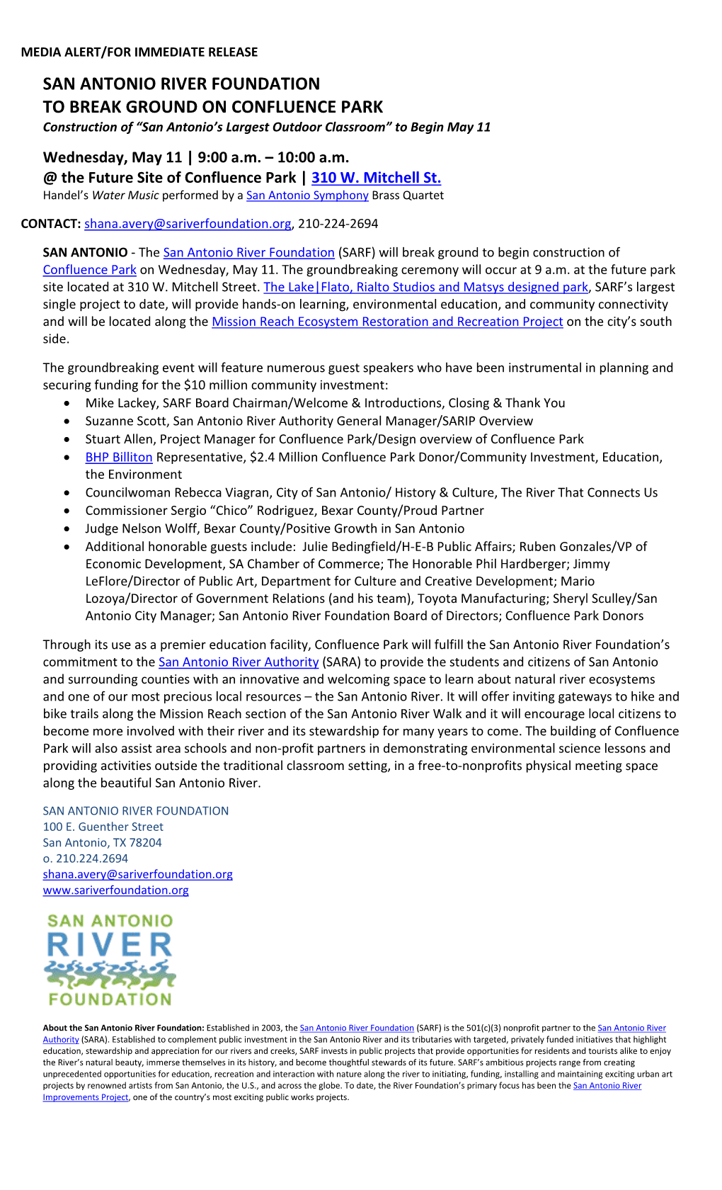 SAN ANTONIO RIVER FOUNDATION to BREAK GROUND on CONFLUENCE PARK Construction of “San Antonio’S Largest Outdoor Classroom” to Begin May 11