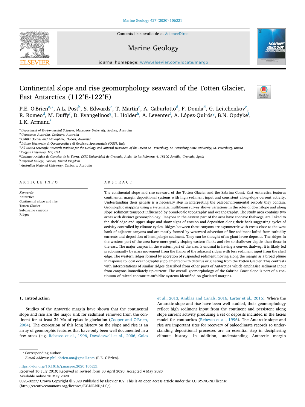 Continental Slope and Rise Geomorphology Seaward of the Totten Glacier, East Antarctica (112°E-122°E) T ⁎ P.E