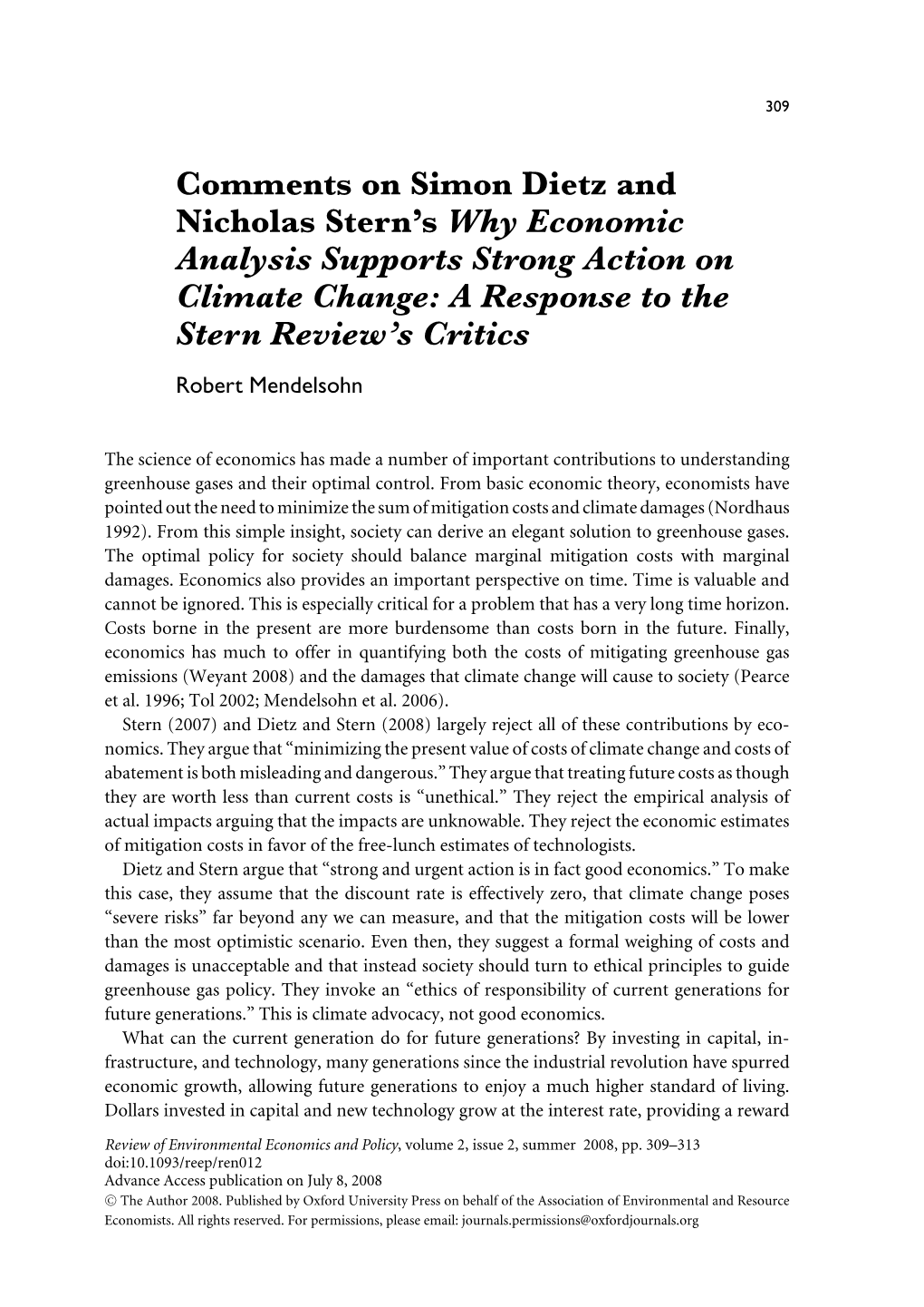 Comments on Simon Dietz and Nicholas Stern's Why Economic