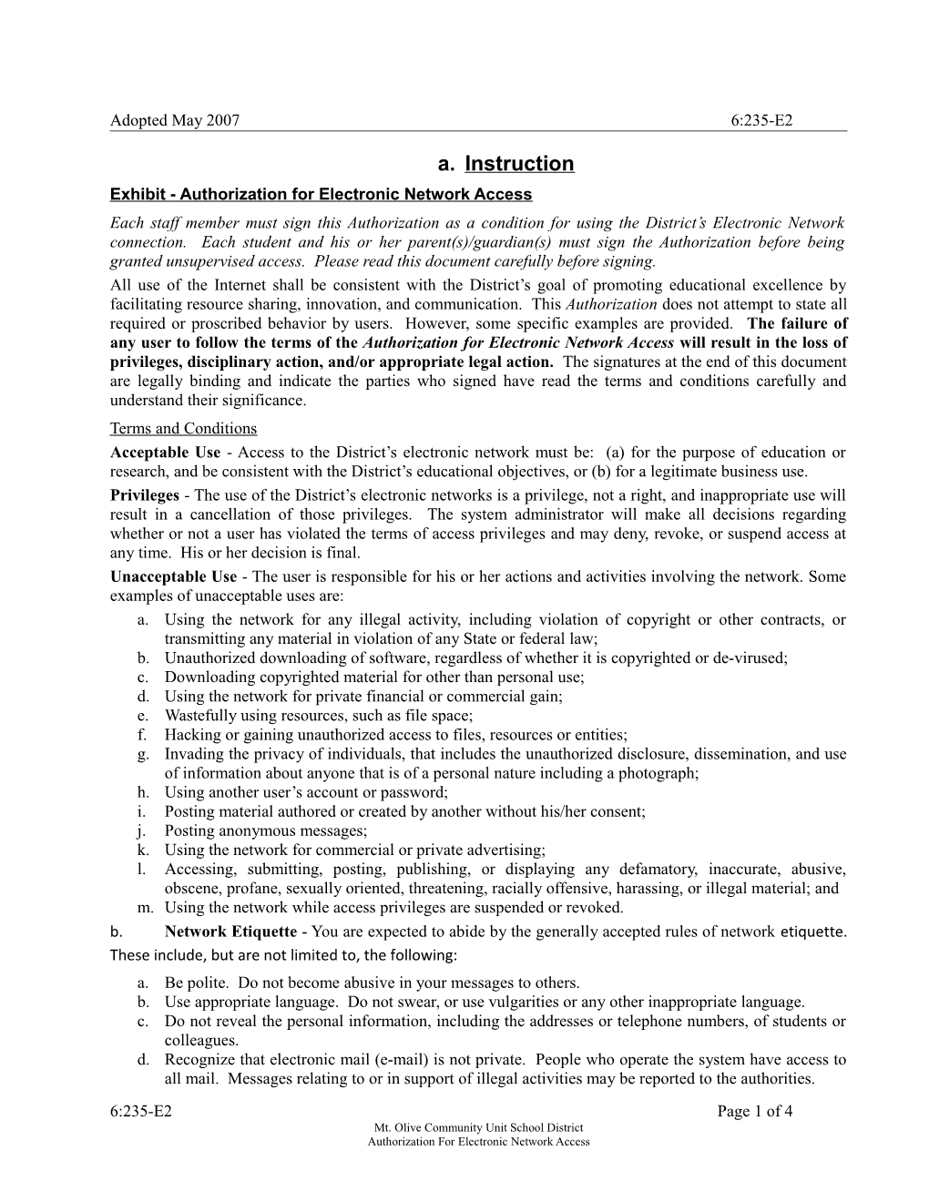 Exhibit - Authorization for Electronic Network Access