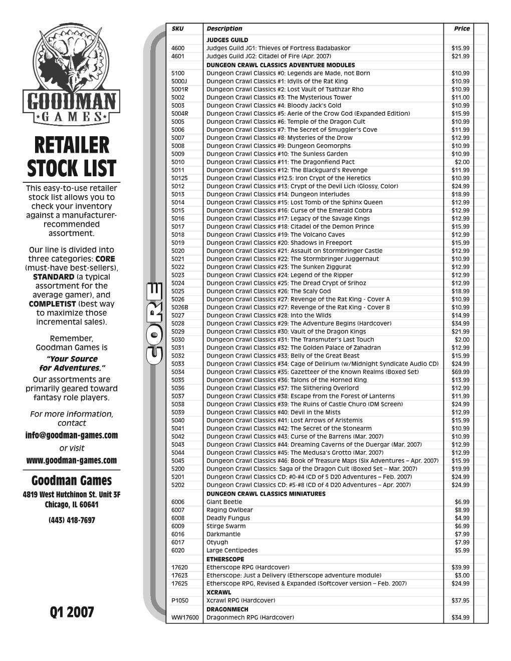 Goodman Games Retailer Stock List