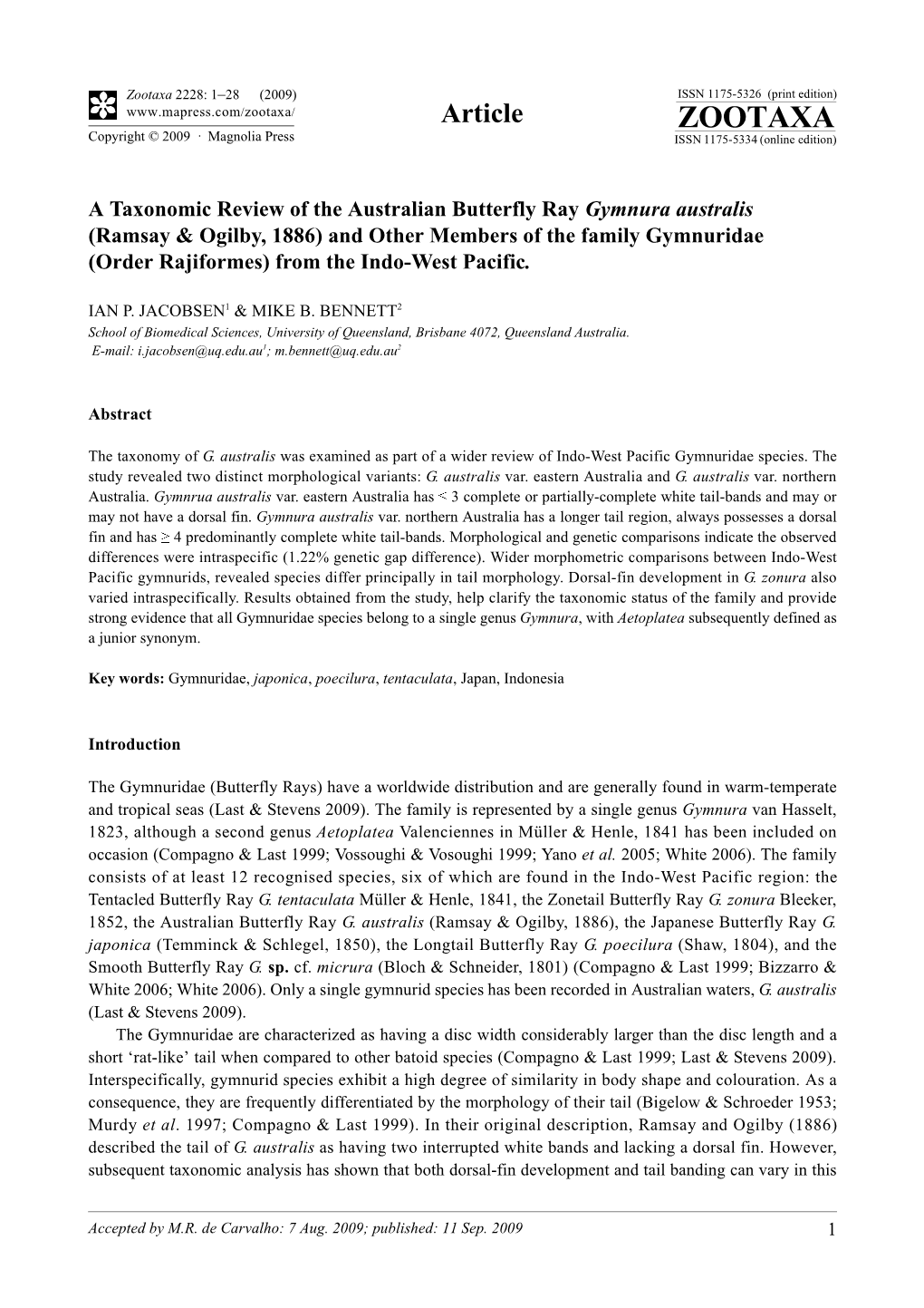 Zootaxa, a Taxonomic Review of the Australian Butterfly Ray Gymnura