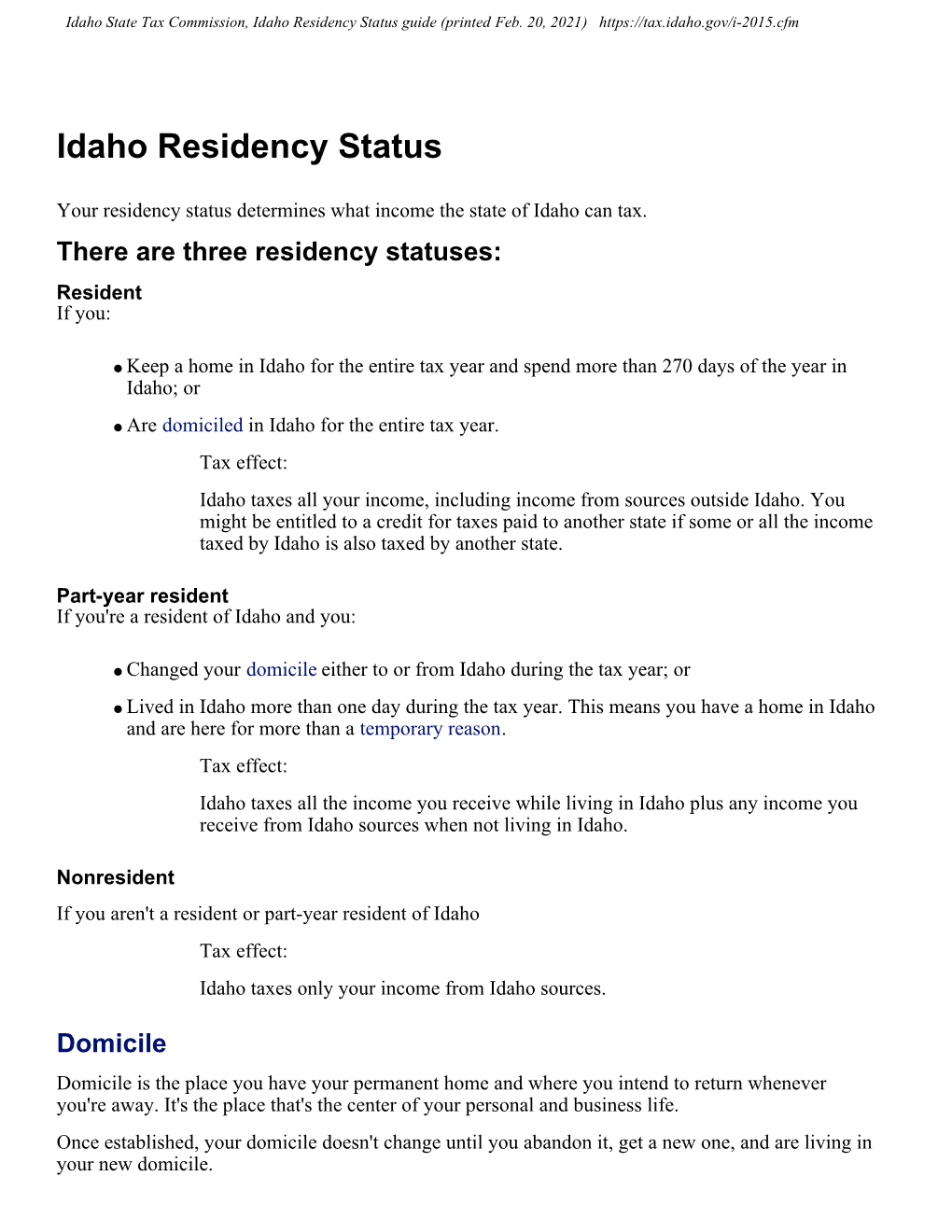 Idaho Residency Status Guide (Printed Feb