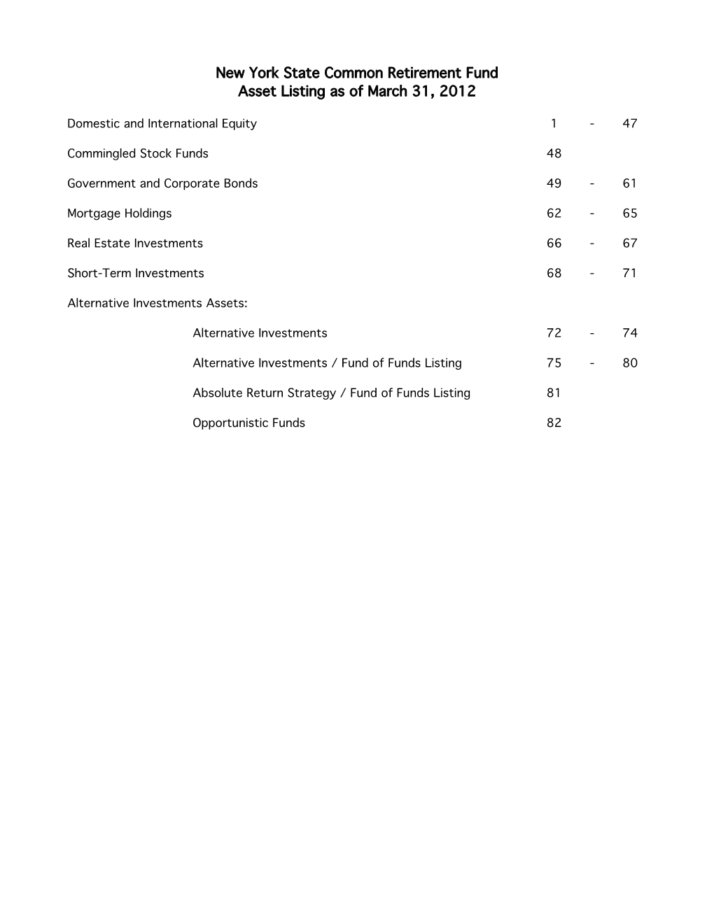 Asset Listing As of March 31, 2012