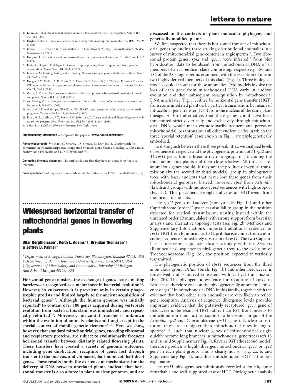 Widespread Horizontal Transfer of Mitochondrial Genes in Flowering