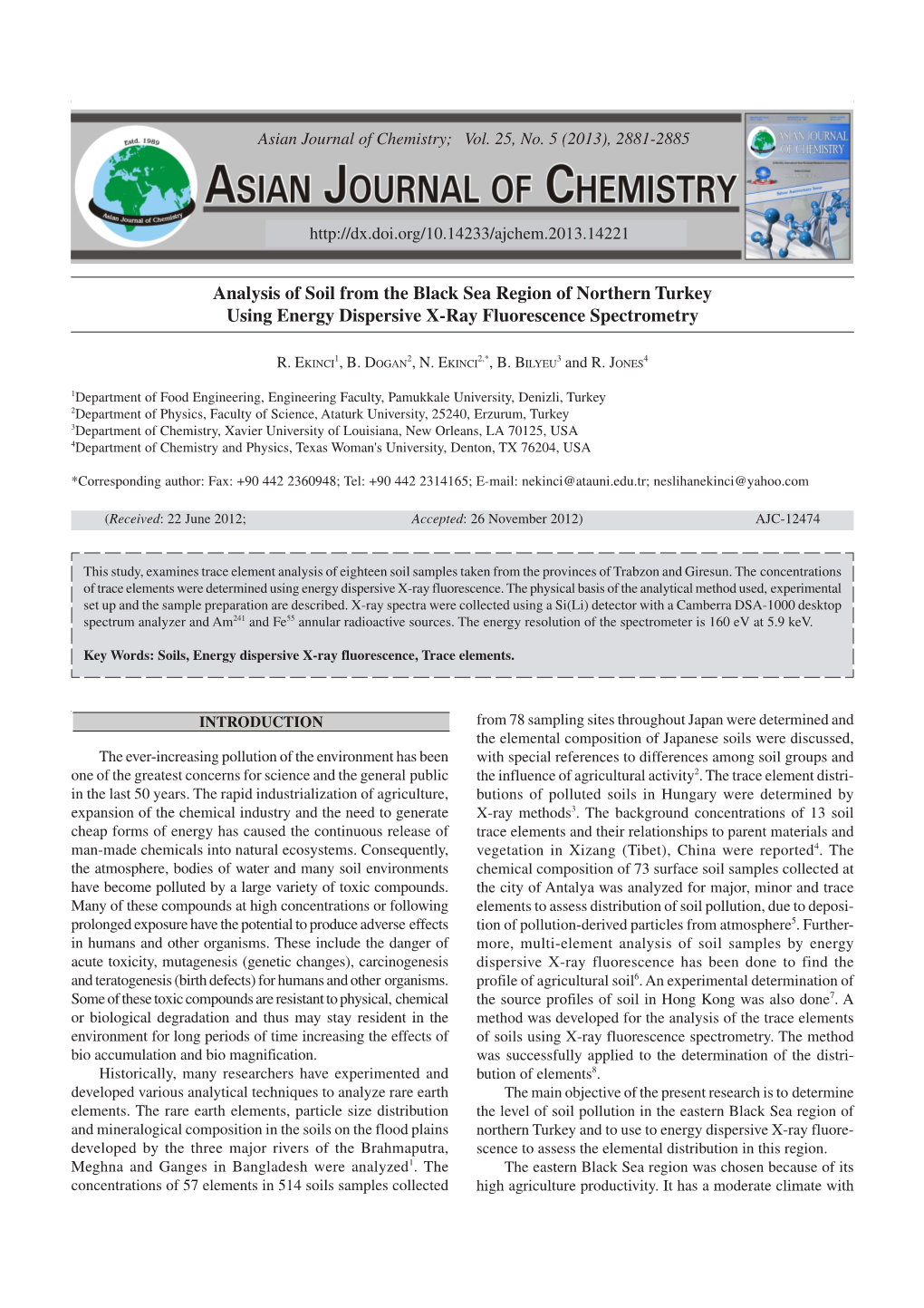 Analysis of Soil from the Black Sea Region of Northern Turkey Using Energy Dispersive X-Ray Fluorescence Spectrometry