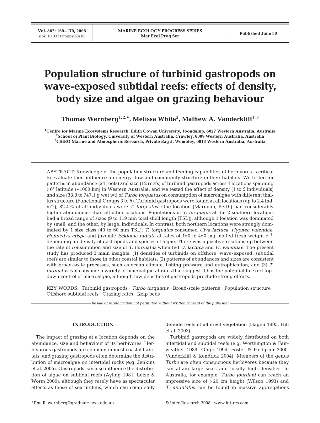 Population Structure of Turbinid Gastropods on Wave-Exposed Subtidal Reefs: Effects of Density, Body Size and Algae on Grazing Behaviour