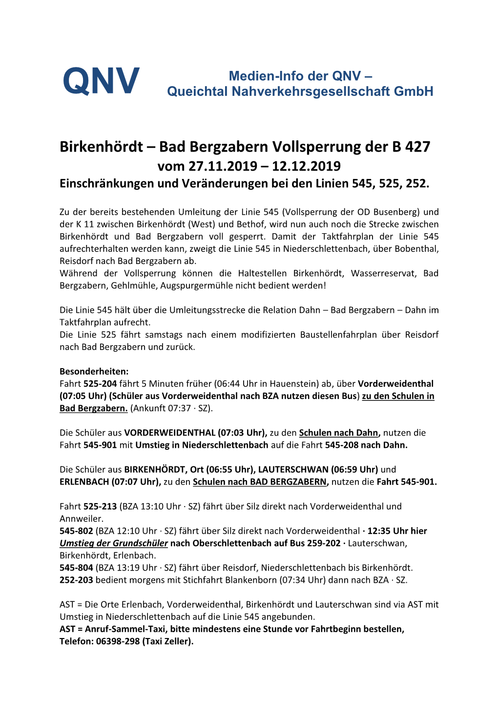 Birkenhördt – Bad Bergzabern Vollsperrung Der B 427 Vom 27.11.2019 – 12.12.2019 Einschränkungen Und Veränderungen Bei Den Linien 545, 525, 252