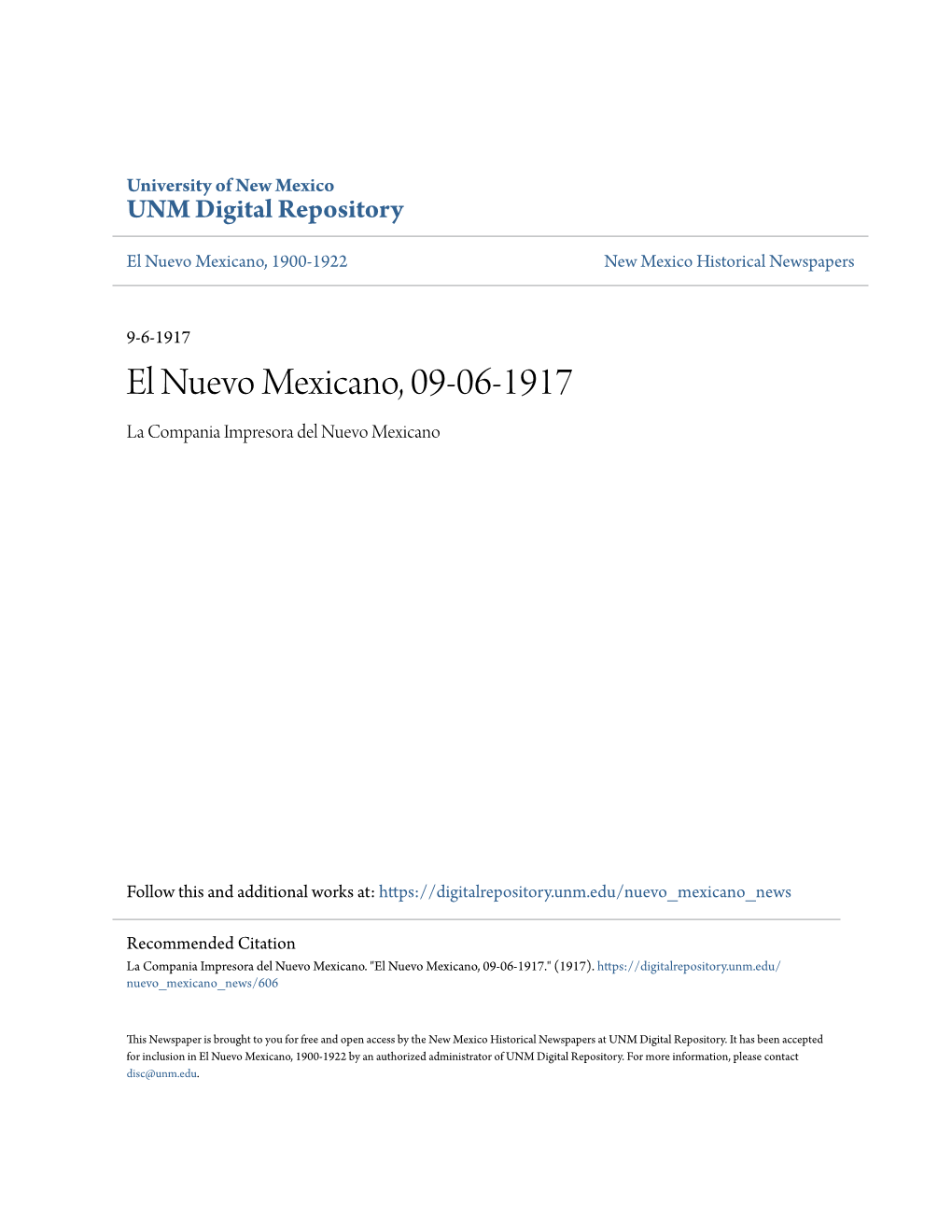 El Nuevo Mexicano, 09-06-1917 La Compania Impresora Del Nuevo Mexicano