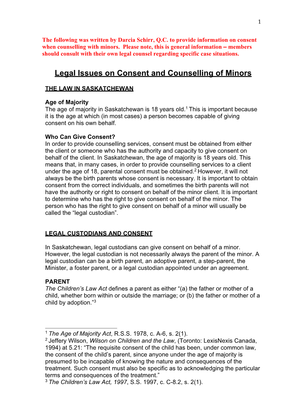 Legal Issues on Consent and Counselling of Minors