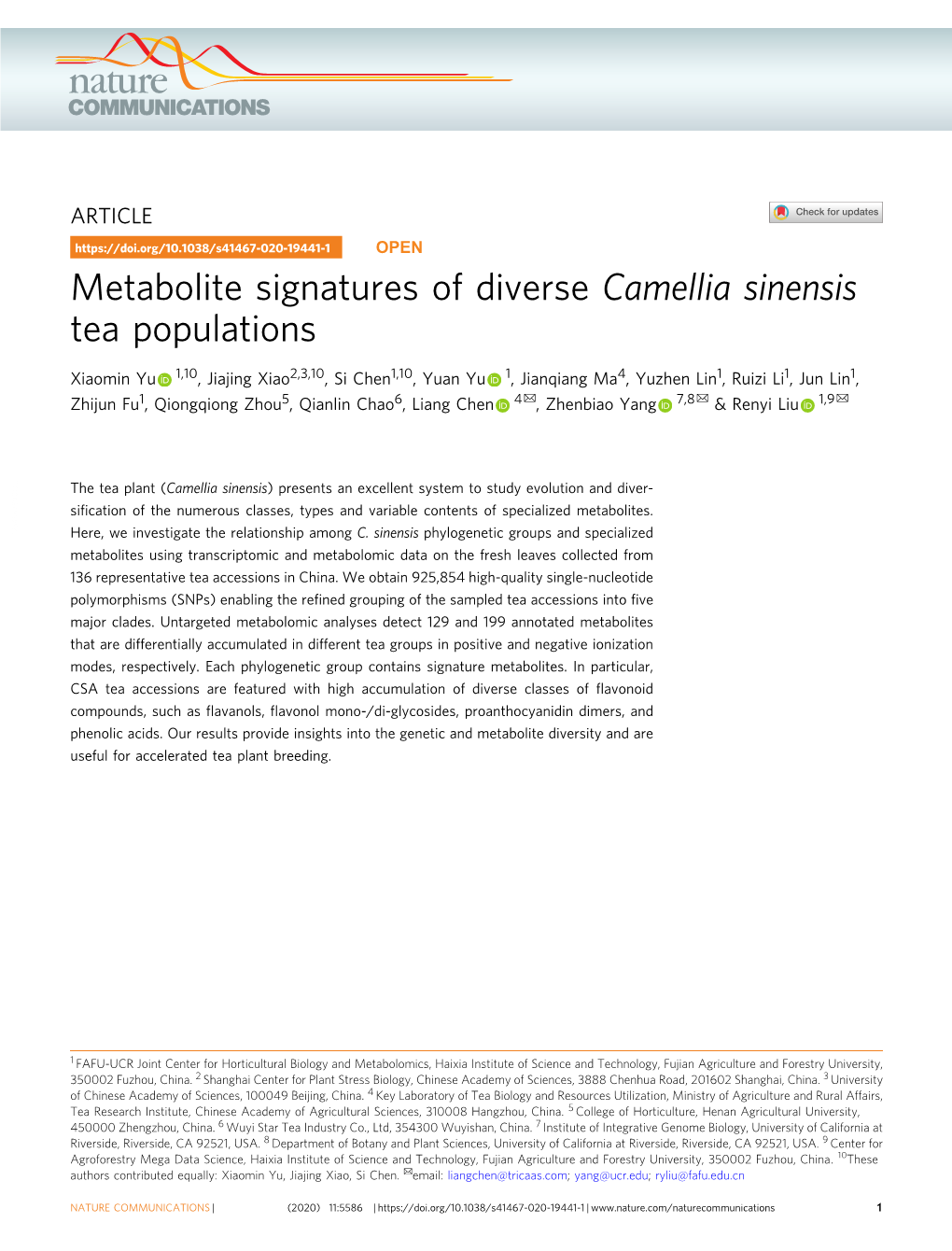 Metabolite Signatures of Diverse Camellia Sinensis Tea Populations