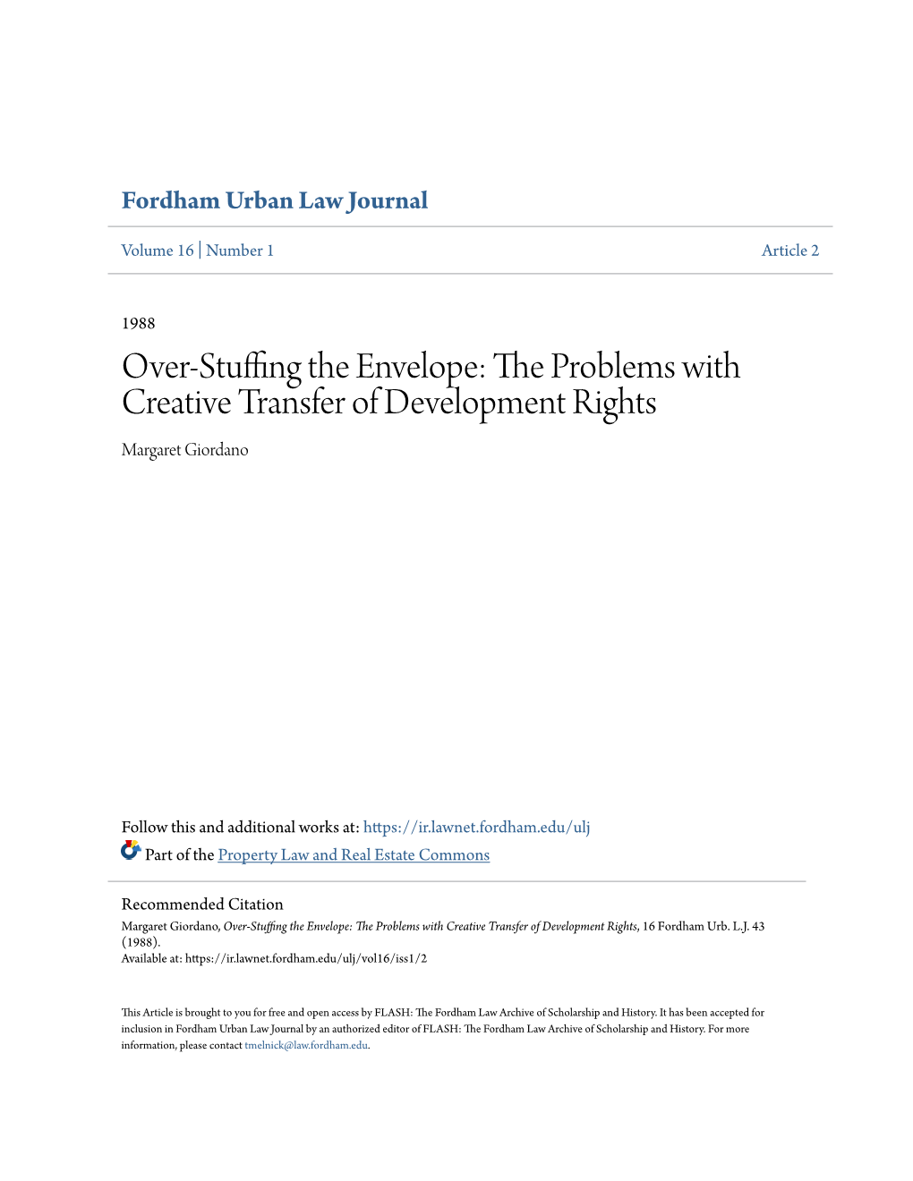 The Problems with Creative Transfer of Development Rights, 16 Fordham Urb