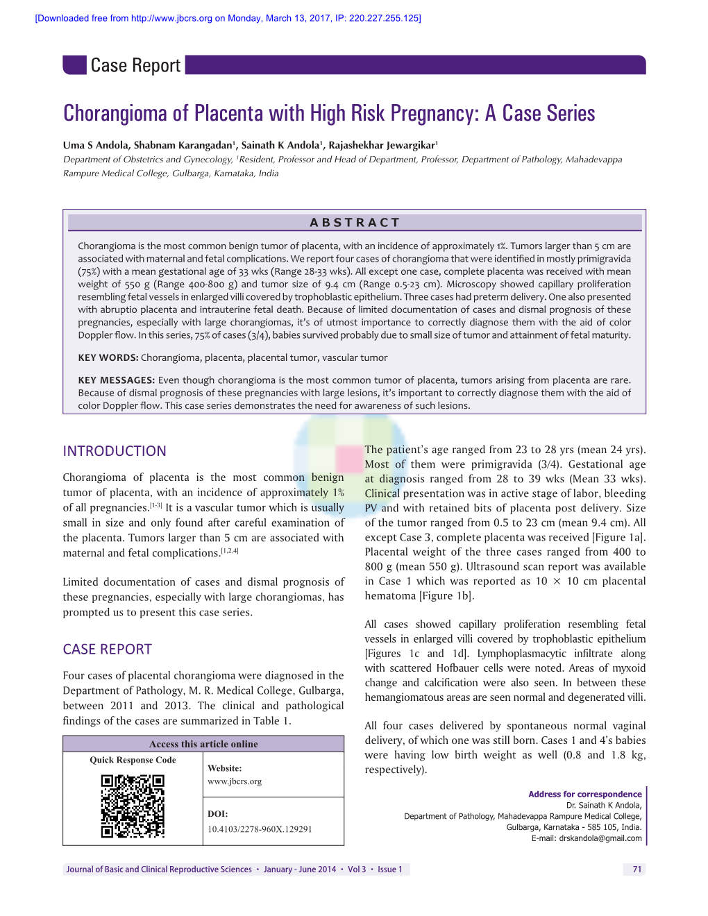 Chorangioma of Placenta with High Risk Pregnancy: a Case Series
