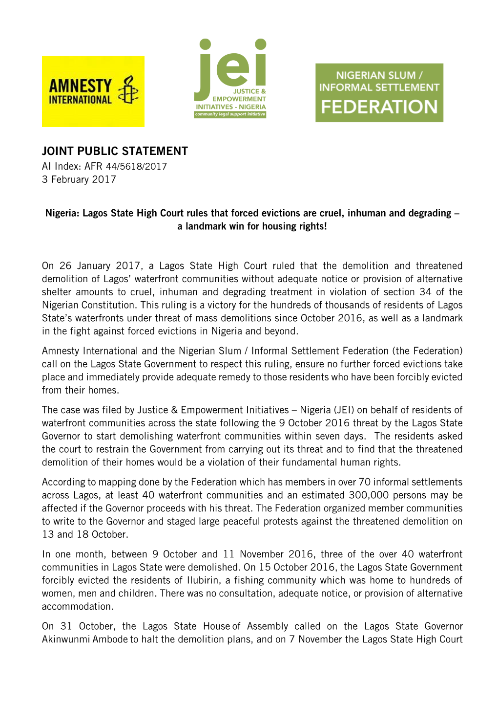 Nigeria: Lagos State High Court Rules That Forced Evictions Are Cruel, Inhuman and Degrading – a Landmark Win for Housing Rights!