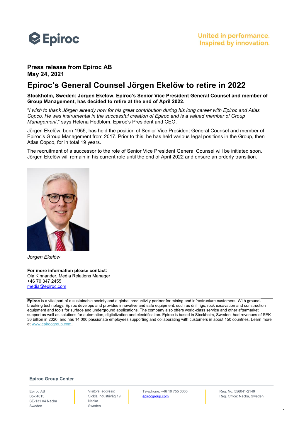 Epiroc's General Counsel Jörgen Ekelöw to Retire in 2022