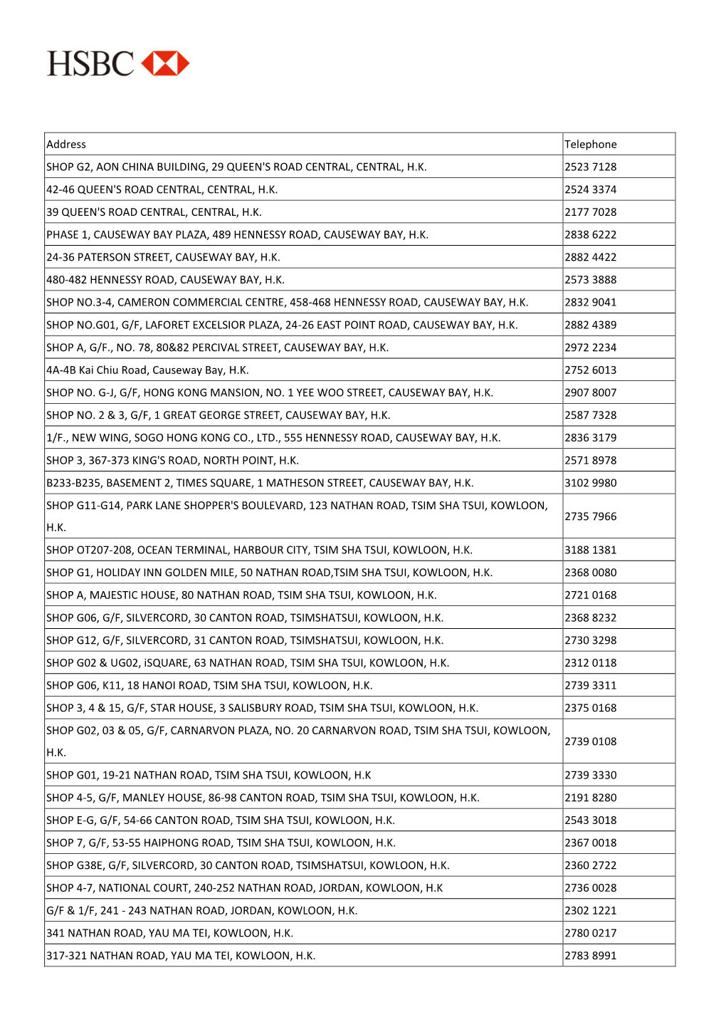Address Telephone SHOP G2, AON CHINA BUILDING, 29 QUEEN's ROAD CENTRAL, CENTRAL, H.K