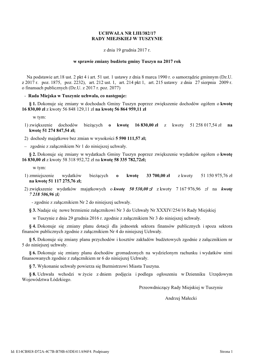 Uchwala Nr LIII/382/17 Z Dnia 19 Grudnia 2017 R