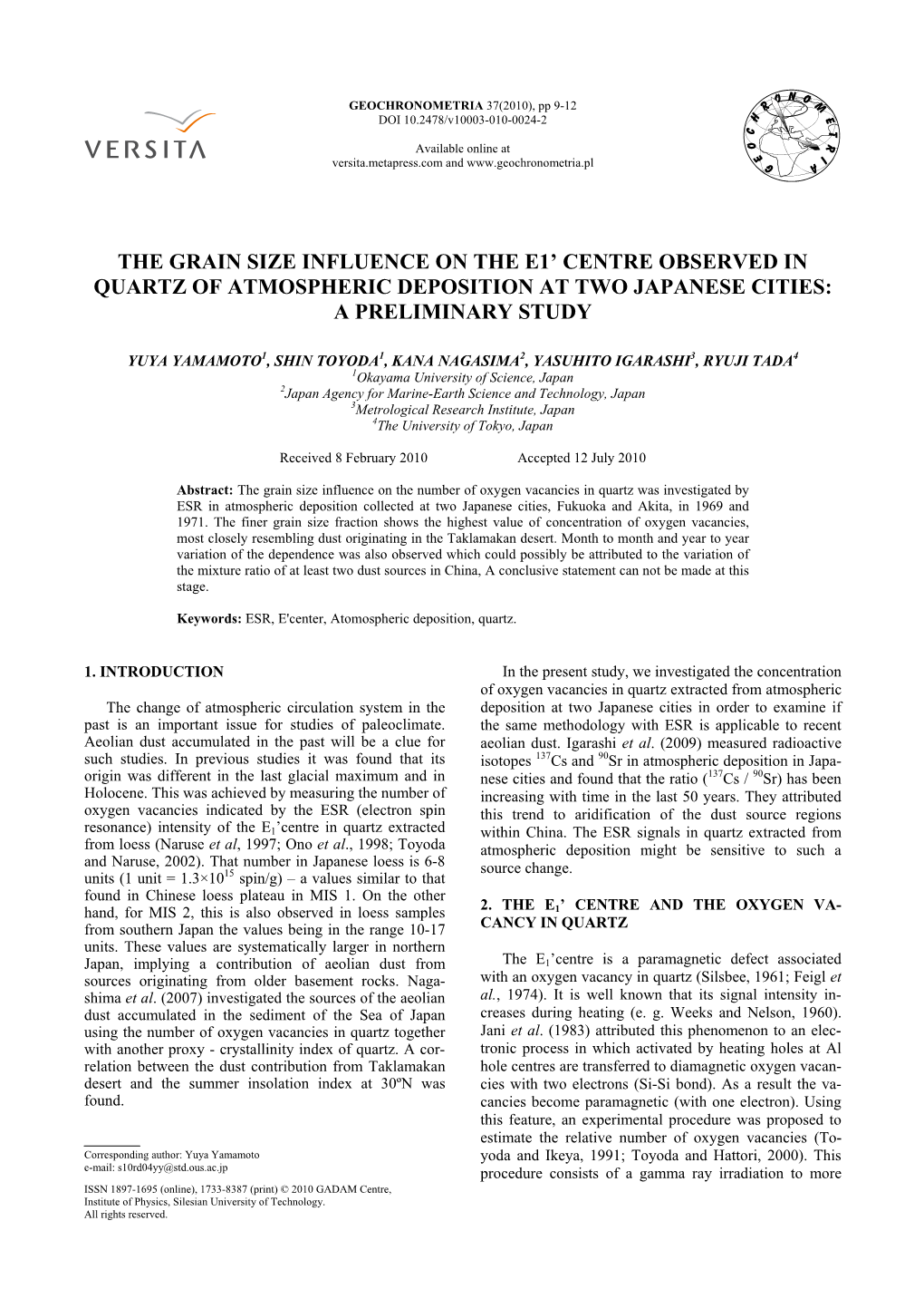 The Grain Size Influence on the E1’ Centre Observed in Quartz of Atmospheric Deposition at Two Japanese Cities: a Preliminary Study