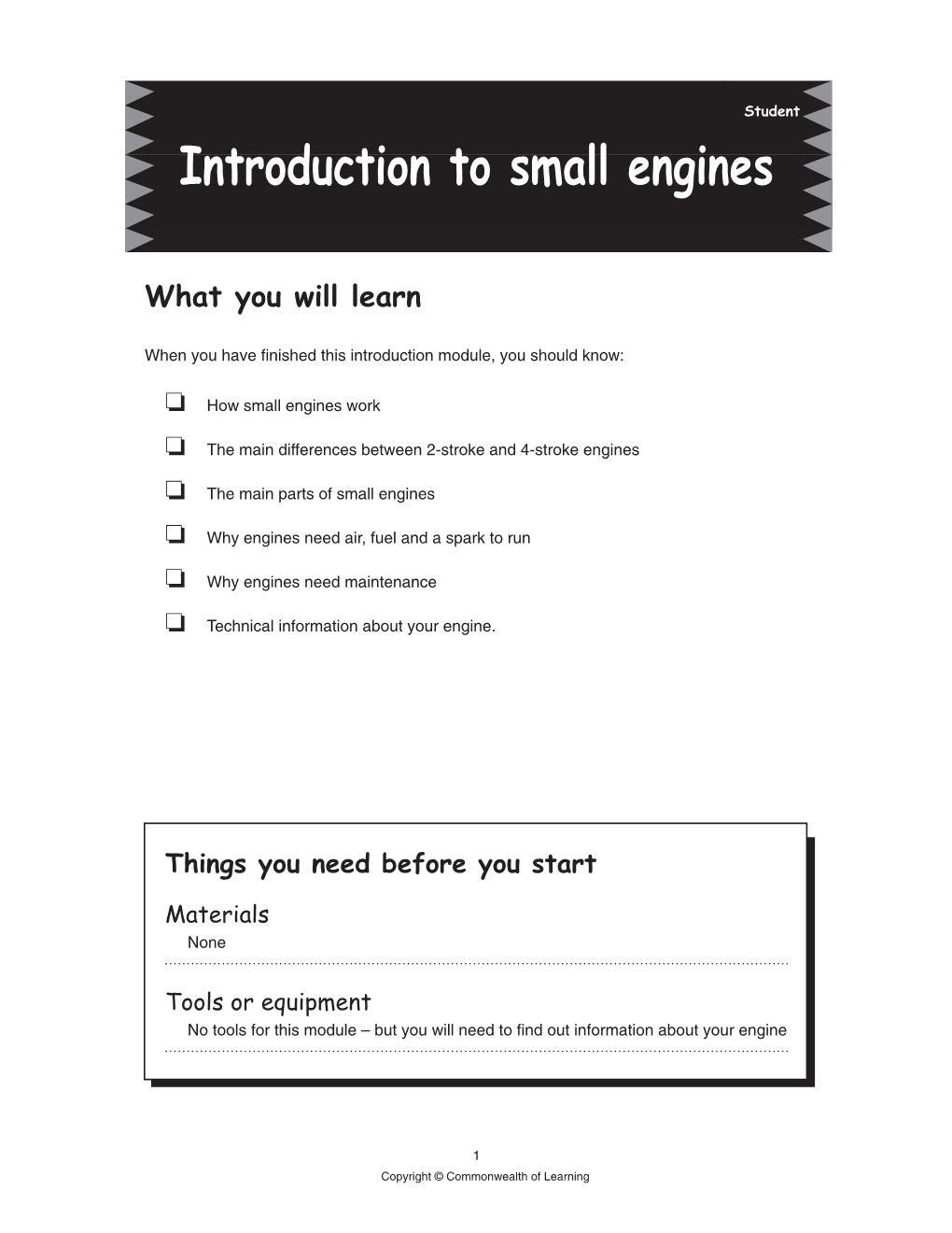 Introduction to Small Engines — Student