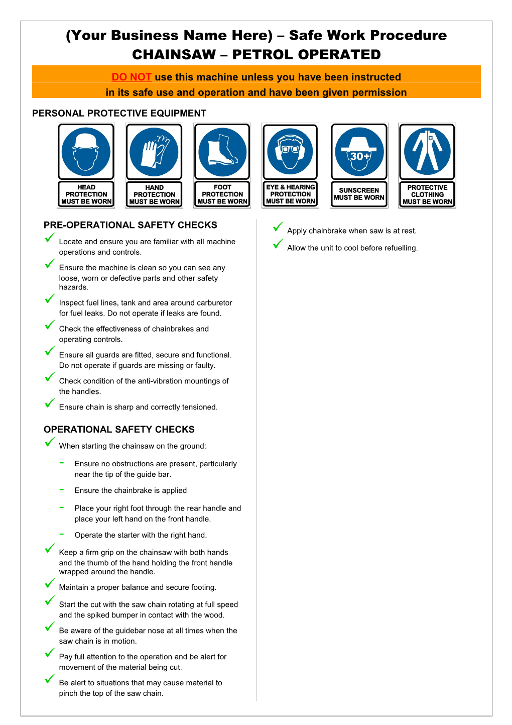 Safety Operating Procedures - Chainsaw - Petrol Operated