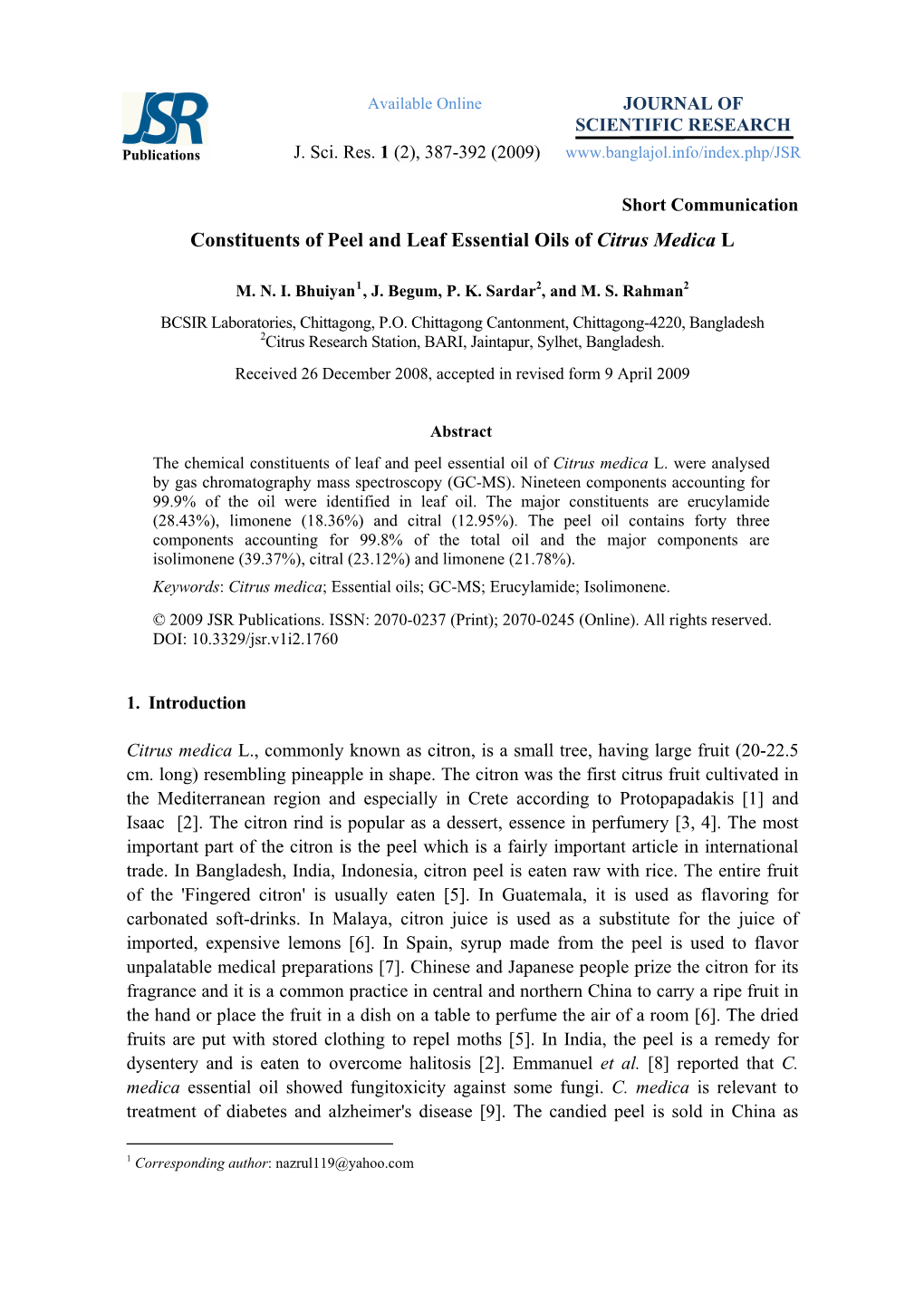 Constituents of Peel and Leaf Essential Oils of Citrus Medica L