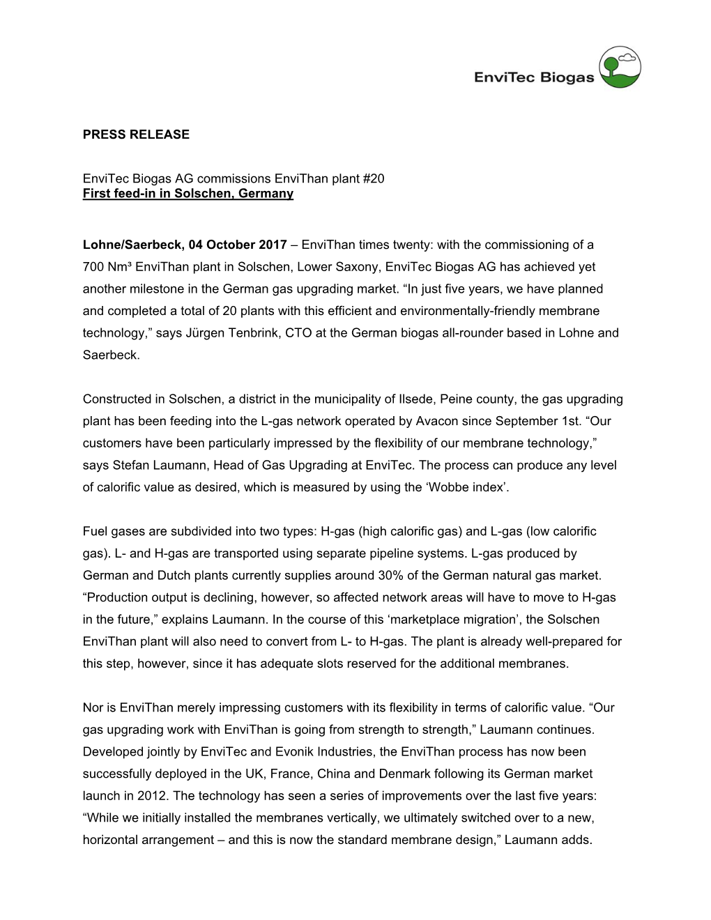 PRESS RELEASE Envitec Biogas AG Commissions Envithan Plant #20