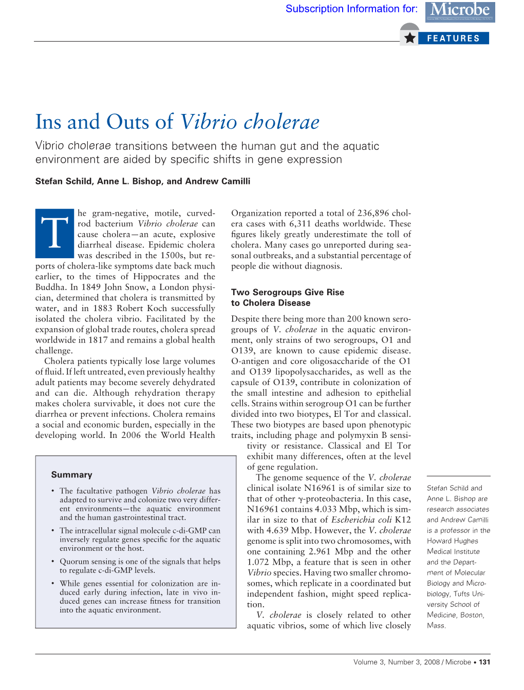 Vibrio Cholerae Vibrio Cholerae Transitions Between the Human Gut and the Aquatic Environment Are Aided by Speciﬁc Shifts in Gene Expression