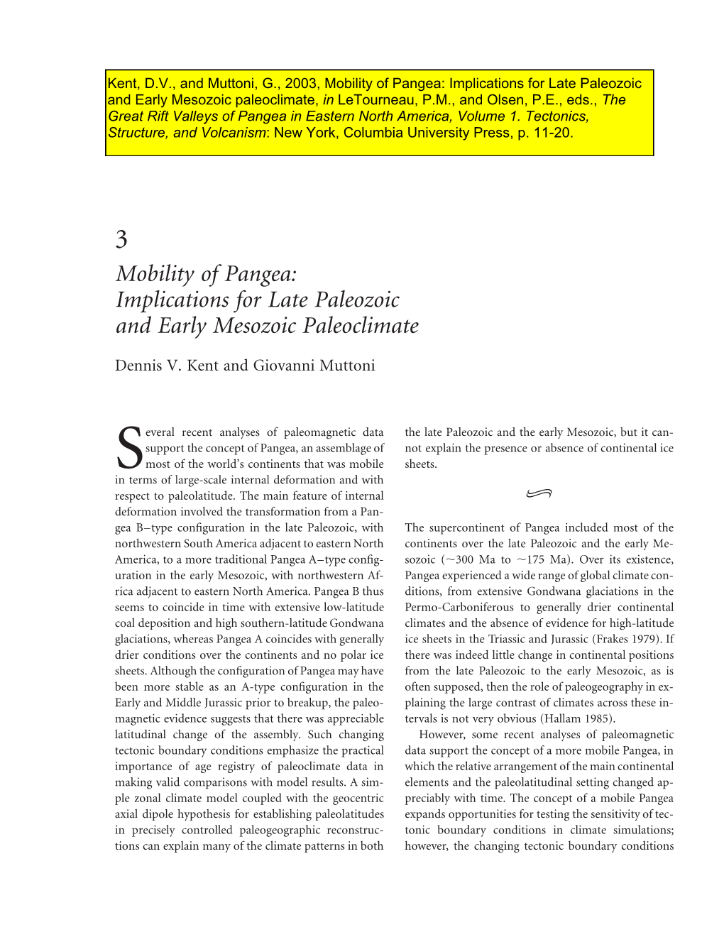 Mobility of Pangea: Implications for Late Paleozoic and Early Mesozoic Paleoclimate