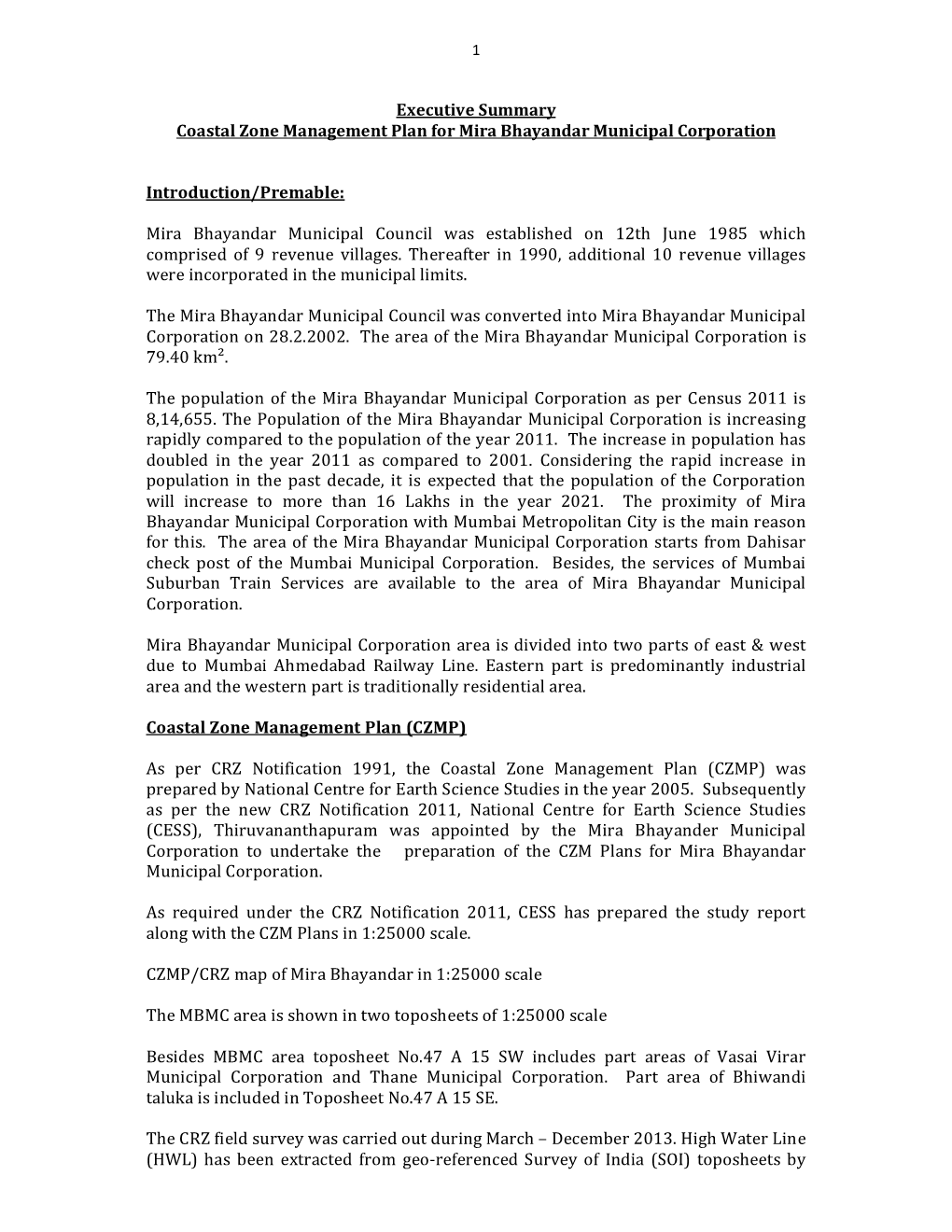 Executive Summary Coastal Zone Management Plan for Mira Bhayandar Municipal Corporation Introduction/Premable: Mira Bhayandar Mu