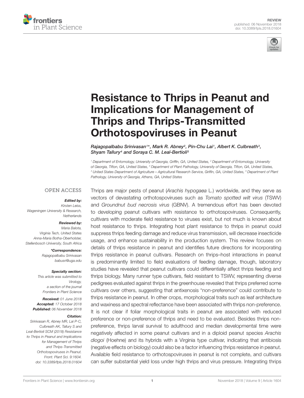 Resistance to Thrips in Peanut and Implications for Management of Thrips and Thrips-Transmitted Orthotospoviruses in Peanut