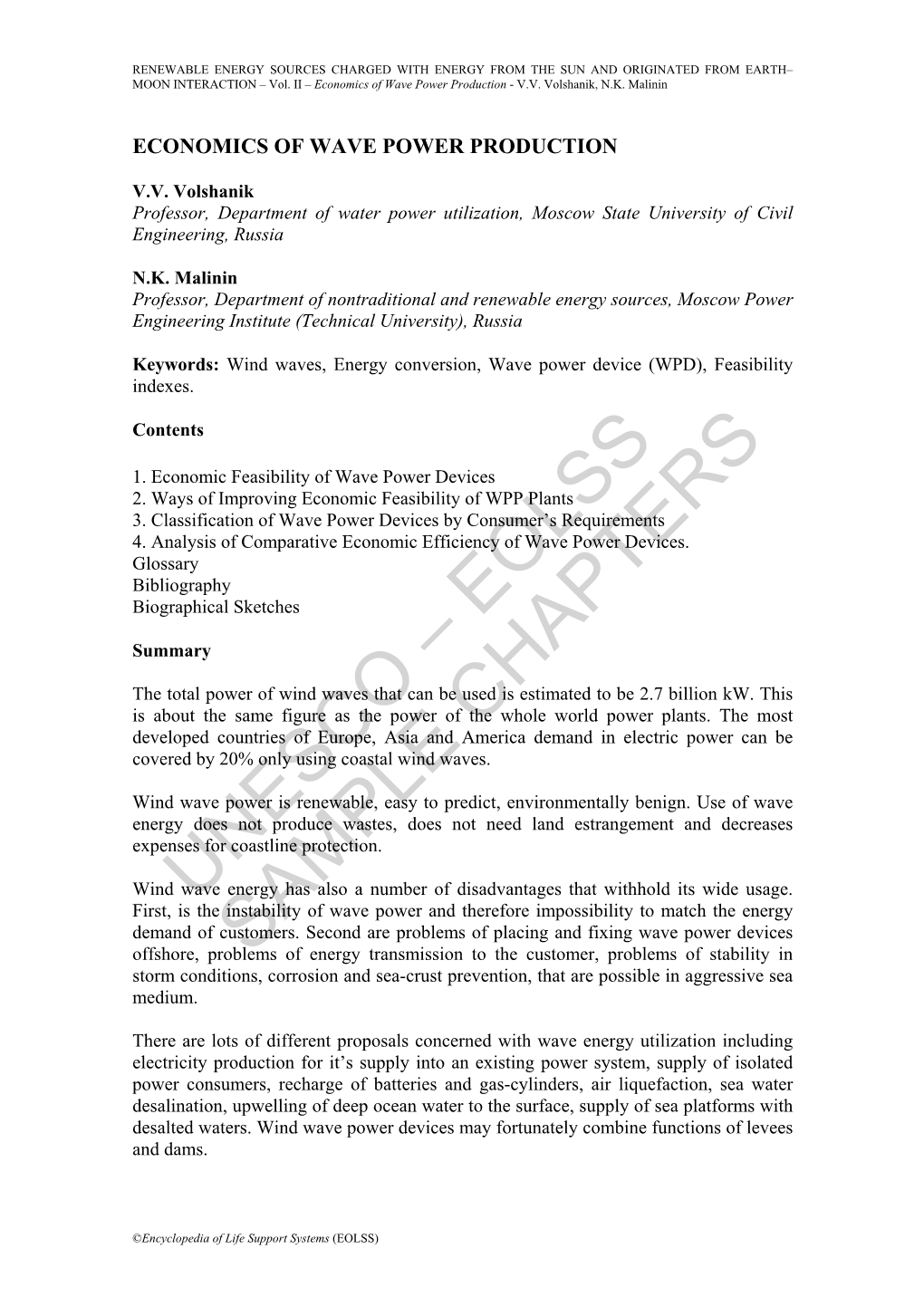 Economics of Wave Power Production - V.V