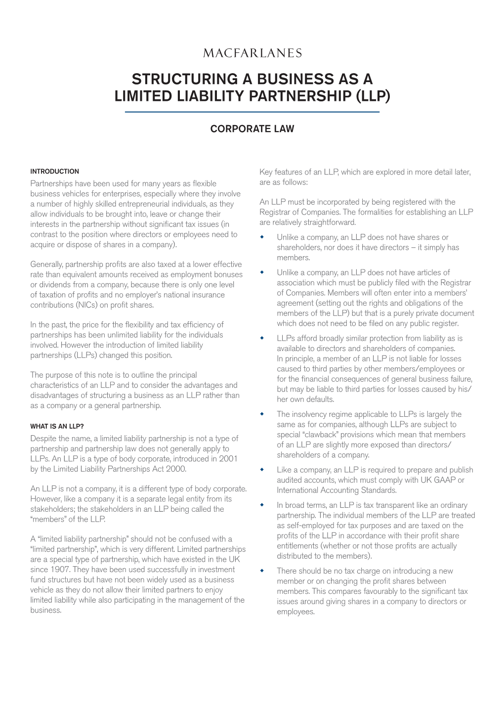 Structuring a Business As a Limited Liability Partnership (Llp)