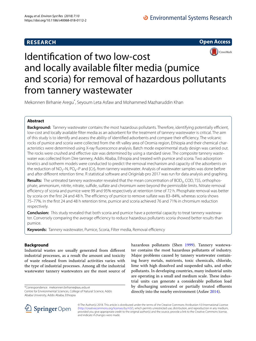 (Pumice and Scoria) for Removal of Hazardous Pollutants from Tannery Wastewater Mekonnen Birhanie Aregu*, Seyoum Leta Asfaw and Mohammed Mazharuddin Khan