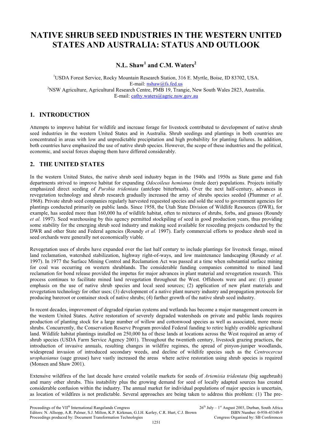 Native Shrub Seed Industries in the Western United States and Australia: Status and Outlook